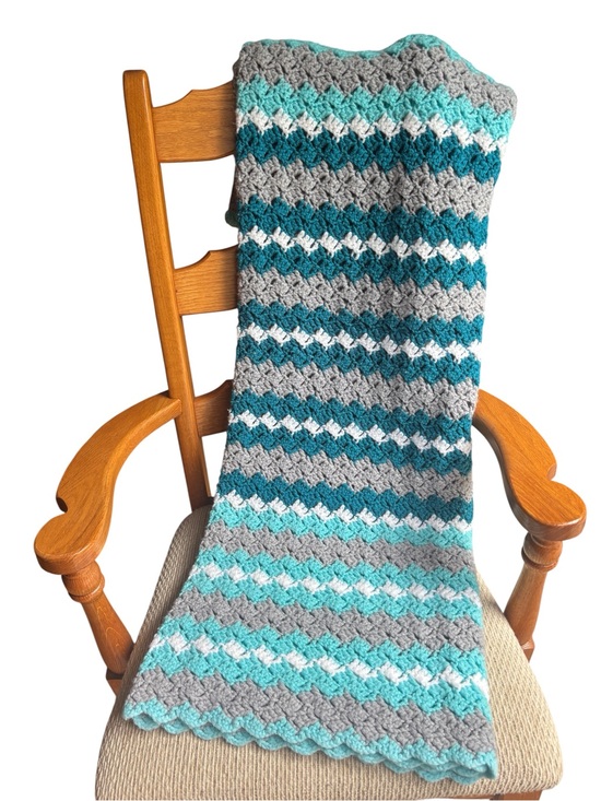 Other - Vintage Handmade Crochet Gray, Aqua and Teal Throw Blanket Afghan Scalloped Edge